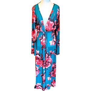 Floral Mesh Maxi Duster Cardigan K Glam One Size Fits Most Womens Teal Kimono 1X